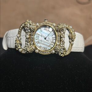 Heidi Daus Elegant White and Gold Watch with Pearl Accents